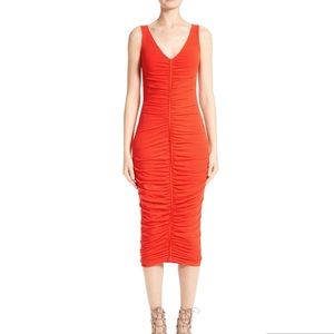Fuzzi ruched midi dress in red flame